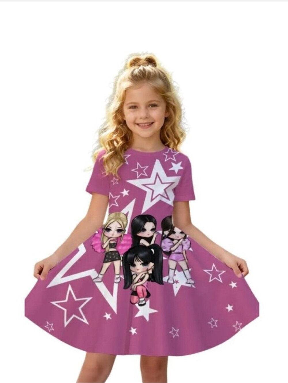 Girls' Pink Star Graphic Skater Dress with Cartoon Characters